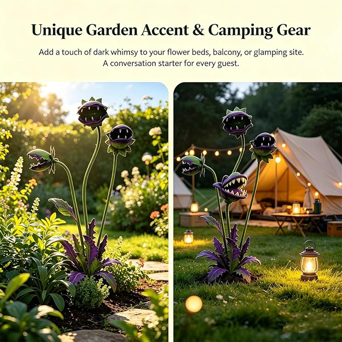 Whimsical Metal Carnivorous Plant Garden Stake, Whimsical Garden Decor, Three Dramatic Open-Mouth Blooms, Yard Art for Flower Beds, Patios & Planters, Unique Quirky