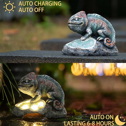 Rezpuao Solar Chameleon Garden Statues Outdoor Decor Resin Chameleon Figurine with Solar Light for Patio,Balcony,Yard,Lawn Ornament,Perfect Garden Gift