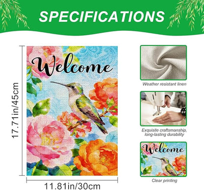 IVN Welcome Hummingbird Garden Flag 12x18 Inch – Colorful Floral Peony Spring Summer Outdoor Flag, Double Sided Burlap Farmhouse Yard Flag for Porch Lawn Patio Decor