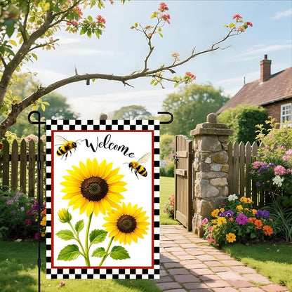 IVN Welcome Garden Flag 12x18 Inch Double Sided Spring Summer Yard Flags Sunflower Bees Decorative Small Flags for Outdoor Seasonal Front Door Lawn Porch Patio Decor Yard Flag