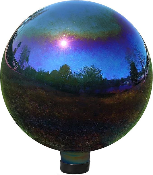 Sunnydaze 10-Inch Gazing Ball for Garden - Glass Gazing Globe with Mirrored Stainless Steel Finish - Rainbow