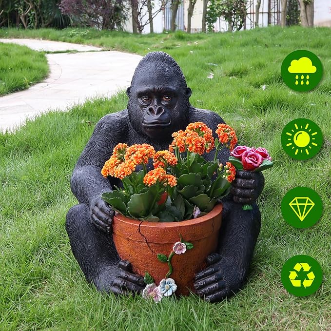 Gorilla Resin Garden Statue Planter, Waterproof Outdoor Yard Lawn Decor Flower Pot, Front Porch Ornament Housewarming Gift(Sitting Gorilla)