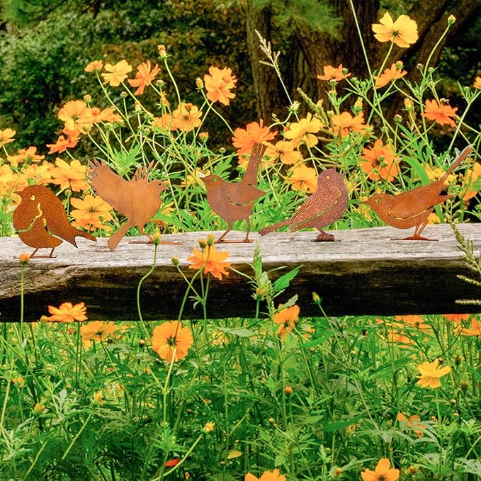 5pcs Rusty Birds with Screws Birds Garden Silhouette Decoration Decorative Rusty Metal Garden Yard Art Metal Birds Bird Ornaments Patio Yard Landscape
