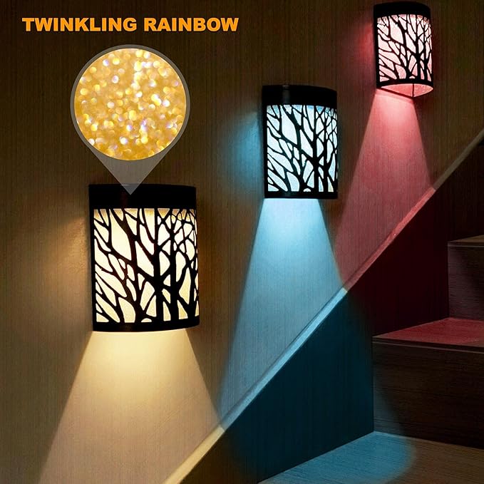 DenicMic Solar Wall Lights Outdoor Wall Sconce Fence Lighting for Patio Front Door Yard Deck Stair Led Forest Decorative Lamps, Waterproof, Warm White Color Changing (4 Pack)
