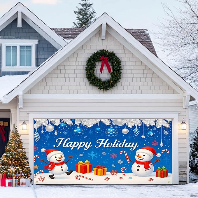 HOMETITUTE Winter Garage Door Banner 13x6ft Happy Holiday Snowmen Winters Scene Backdrop Banners for Outside Indoor Winter Door Cover Garage Wall Covering for Party Garages Decorations
