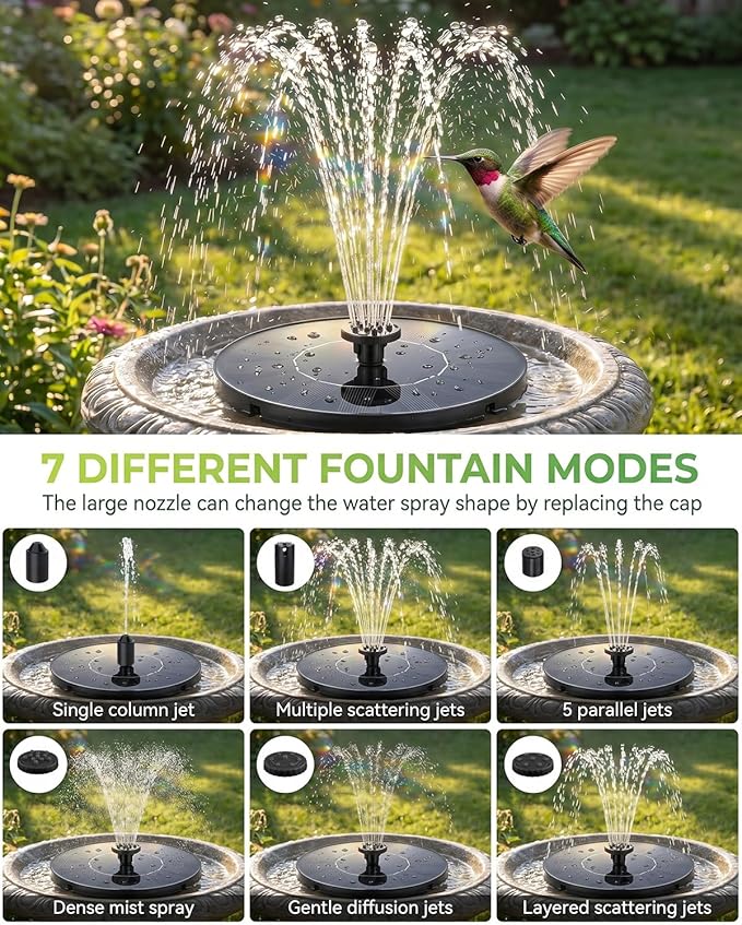 Solar Fountain for Bird Bath, Upgrade 1.4W Solar Water Fountain Pump with 7 Nozzles & 4 Fixed Pipes, Outdoor Standing Floating Solar Fountain for Garden, Ponds, Pool, Fish Tank - 6.3 Inch