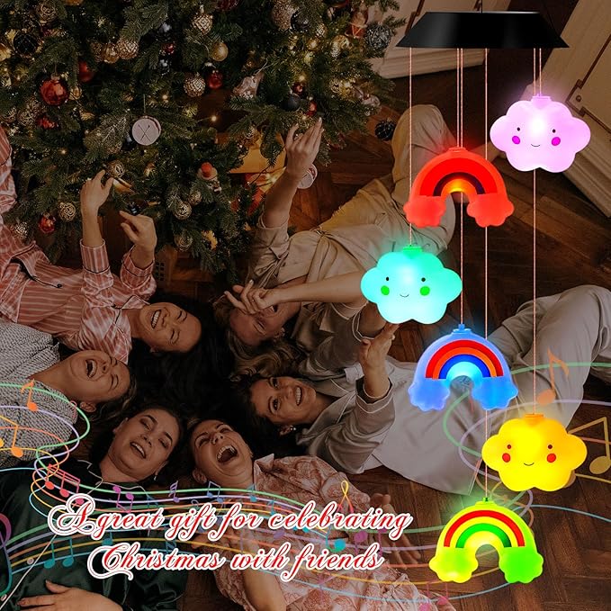 GlikCeil Rainbows Solar Wind Chimes 27.5inch Outside Waterproof Hanging LED for Yard, Pajama Party, Color Changing Lights(Clouds, Rainbows)