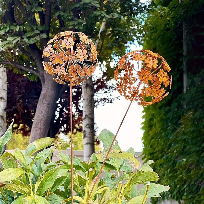 Rusty Metal Wild Flowers Garden Stakes 11.82 x 8.47 inches, Decorative Flowers Yard Stake Metal Art for Outdoor Garden Lawn Decor (Flower-C)