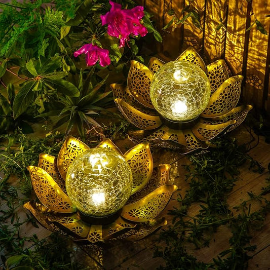 DUSVALLY Lotus Solar Globe LED Light Garden Decoration, Outdoor IP65-Waterproof Crack Glass Solar Flower Lamp Hollow Out Retro Golden Metal Light for Patio, Lawn & Pathway Landscape, 12" W * 6" H