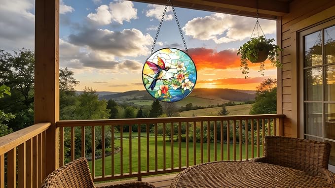 Stained Glass Window Hanging - Colorful Hummingbird Stand on Branches Covered in Flowers 6.3 Inches Suncatcher for Garden Home Decor for Women Mon Grandma Friends