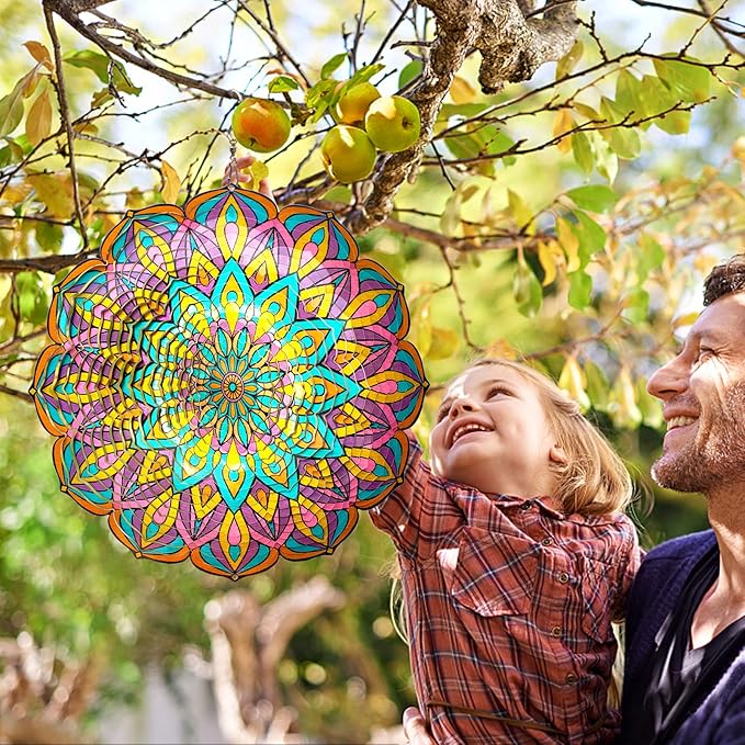 Mandala Wind Spinner - Purple Tulip Design | 12 Inch Stainless Steel Hanging Wind Sculpture & Catcher, 3D Kinetic Yard Art Garden Decor for Indoor & Outdoor | Meaningful Gift Idea