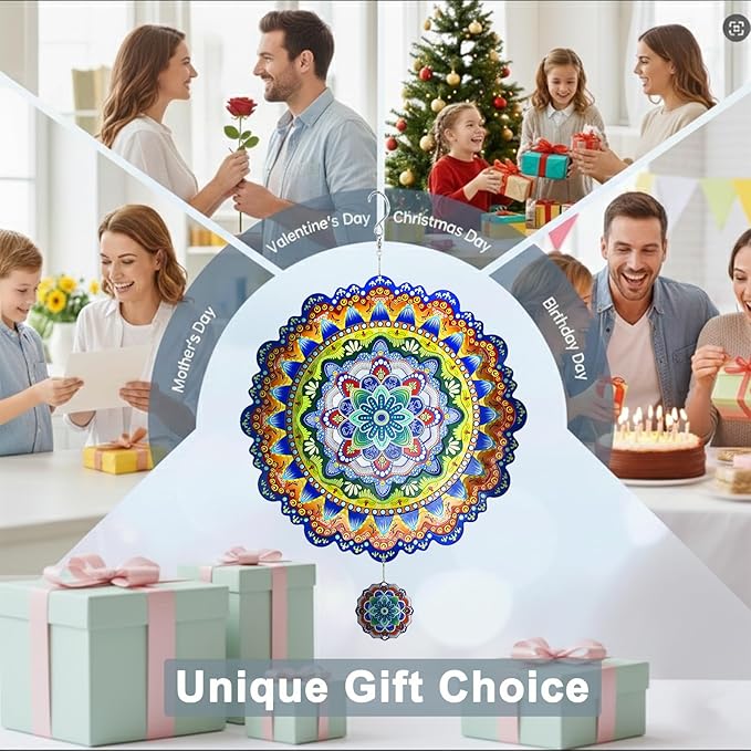 2 Pack Wind Spinners Outdoor Hanging Stainless Steel Multi Color 12 Inch Yard Art Decoration 3D Wind Spinners Mandala for Garden Porch