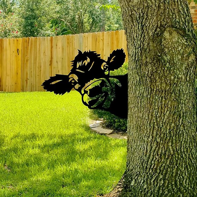 Farm Peeping Cow Metal Art Outdoor Decor Garden Fence Decoration, Farmhouse Backyard Hang Artwork Wall Decor, Outdoor Yard Patio Lawn Statue Gift for Loved Dad Grandpa (Cattle)