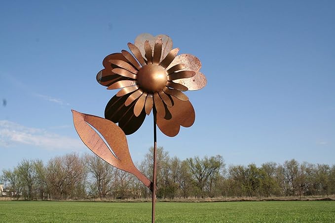 Metal Rustic and Colorful Flower Stakes Ranging from 9.5 to 36 Inches Tall (Sunflower Stake 34" Tall, Naturally Rusted)