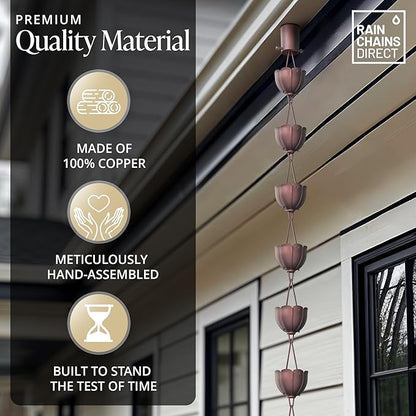Rain Chains Direct Rain Chain - Rain Chains for Gutters - Orchid, 8.5 Feet, 100% Pure Copper, Rain Chains for Downspouts