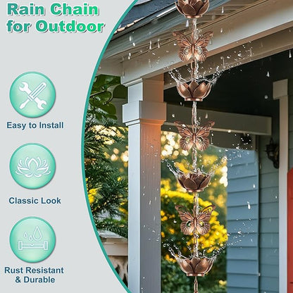 8.8ft Rain Chain for Gutters Downspouts Outside,Butterfly Rain Chain Cups with 12 Copper Chain Adjustable Lotus Rain Catcher Chain Functional and Decorative Replacement for Gutter Downspouts