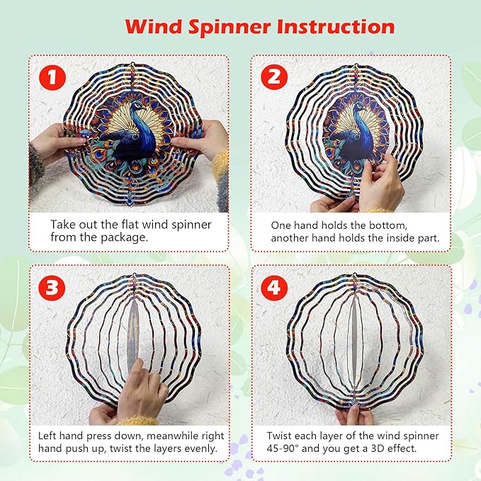 Peacock Wind Spinner, Hanging 3D Outdoor Wind Chimes, 10 inch Metal Wind Spinner for Outdoor & Indoor Decor, Yard Art Gift