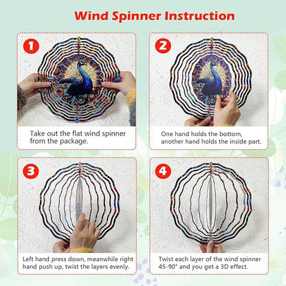 Peacock Wind Spinner, Hanging 3D Outdoor Wind Chimes, 10 inch Metal Wind Spinner for Outdoor & Indoor Decor, Yard Art Gift