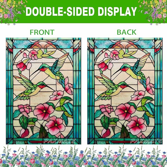 Spring Summer Hummingbird Garden Flag 12x18 Inch Double Sided, Stained Glass Floral Garden Flag for Outside, Colorful Flower Yard Flag Seasonal Outdoor Farmhouse Decor
