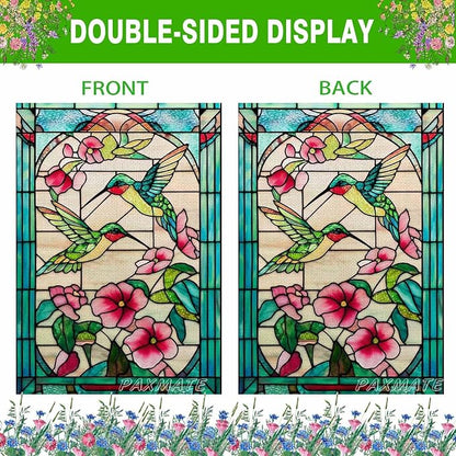 Spring Summer Hummingbird Garden Flag 12x18 Inch Double Sided, Stained Glass Floral Garden Flag for Outside, Colorful Flower Yard Flag Seasonal Outdoor Farmhouse Decor