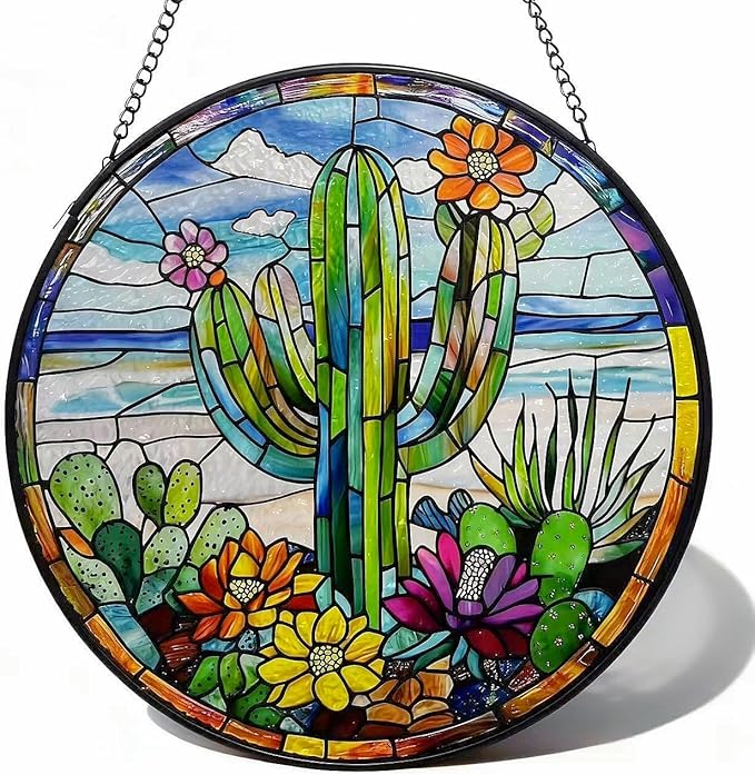 Stained Glass Window Hanging-Cactus Suncatcher Home Decor Ornament 7.9 in.Outdoor or Indoor, Garden,Living Room,Gifts for Women, Lovers, Couple, Friends