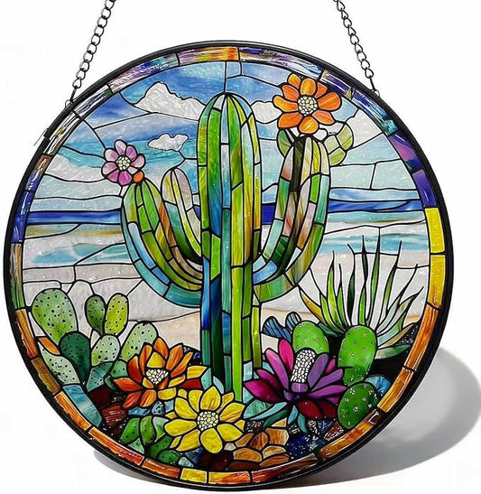 Stained Glass Window Hanging-Cactus Suncatcher Home Decor Ornament 7.9 in.Outdoor or Indoor, Garden,Living Room,Gifts for Women, Lovers, Couple, Friends