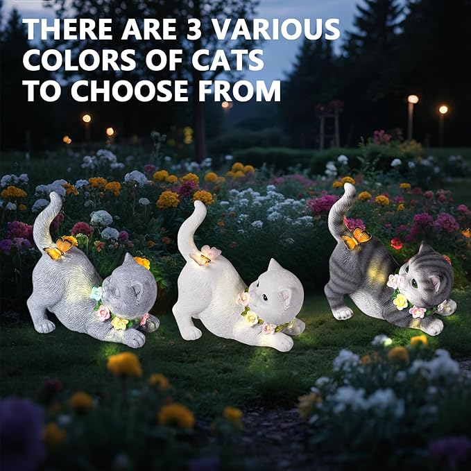 Solar Garden Statue Cat Figurine, Resin Solar Lights with Flower Decor for Outside, Yard Art Patio Balcony Lawn Decorations, Unique Gifts for Mom Grandma Women and Cat Lover (White)