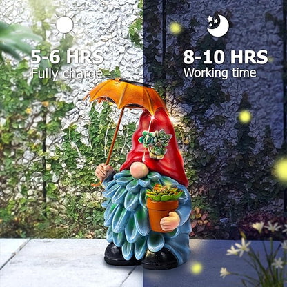 Solar Outdoor Statues Gnome Garden Decor, Garden Gnome with Solar LED Umbrella Decorative for Patio, Balcony, Lawn, Yard Ornament - Christmas Gardening Gifts for Mom Grandma