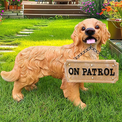 Yellow Retriever Welcome Greeter with Solar Lantern and Double-Sided Sign, Standing Retriever Garden Sculpture for Yard Paths, Front Door & Terrace