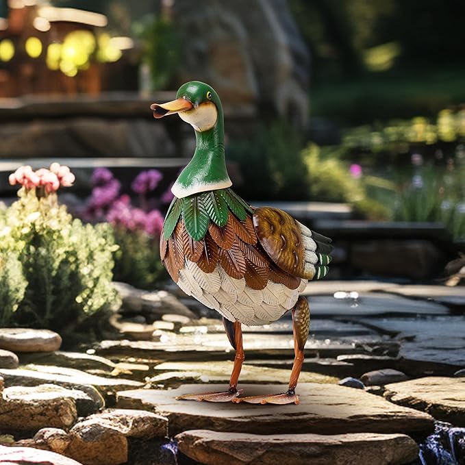 TERESA'S COLLECTIONS Garden Decor for Outside, Metal Mallard Duck Decorations for Outdoor Decor, 16 inch Duck Decoys Animal Outdoor Statues for Yard Patio Lawn Pool Porch Backyard