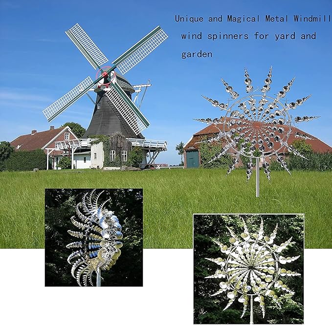 2Pcs Unique Fantasy Metal Windmill, 3D Wind Powered Kinetic Sculpture, Dual-Tiered Opposite-Directional Rotation, Stainless Steel Wind Spinners, Silver