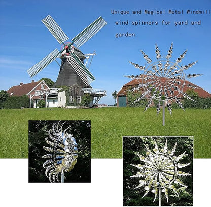 2Pcs Unique Fantasy Metal Windmill, 3D Wind Powered Kinetic Sculpture, Dual-Tiered Opposite-Directional Rotation, Stainless Steel Wind Spinners, Silver