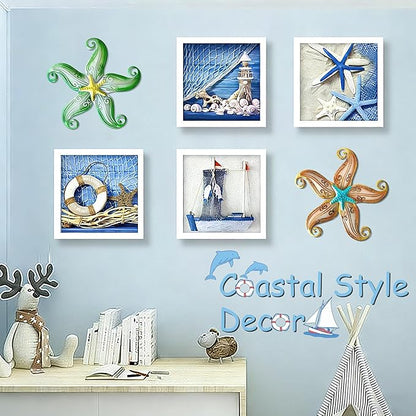 POXOHO Starfish Outdoor Metal Wall Decor, Metal Wall Art Outdoor for Garden Yard Fence, 12" Hanging Glass Sculpture, Starfish Coastal Wall Decor for Ocean Themed Gifts (Green)