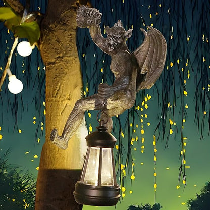 Dragon Winged Gargoyle Tree Hugger with Solar Lantern Gothic Lamp Wall Fence Hanger Decor Garden Statue Yard Patio Unique Perfect Present for Women Mom Grandma
