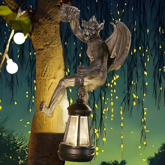 Dragon Winged Gargoyle Tree Hugger with Solar Lantern Gothic Lamp Wall Fence Hanger Decor Garden Statue Yard Patio Unique Perfect Present for Women Mom Grandma