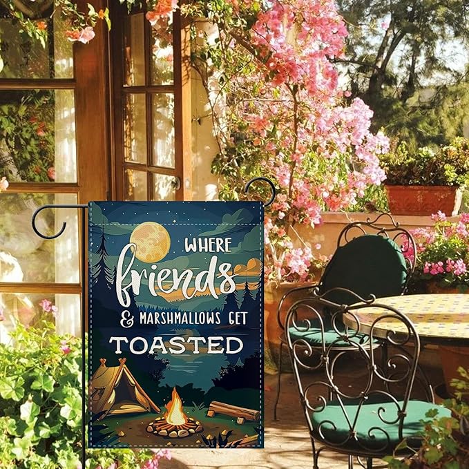 Dyrenson Camping Friends Decorative Garden Flag, Camper Tent Forest Night Lake House Adventure Yard Outside Home Decoration, Campsite Campfire Outdoor Small Decor Double Sided 12 x 18
