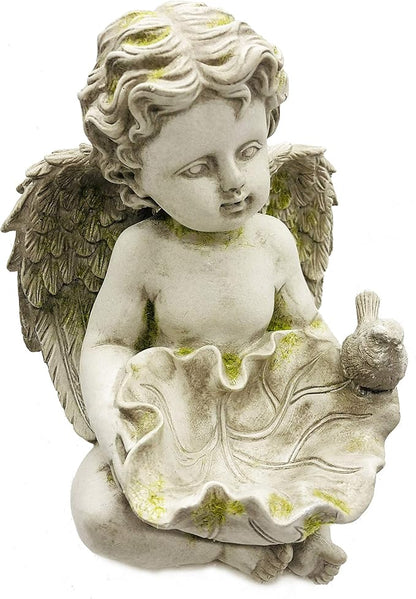 Guardian Angel Cherub Garden Statue with Bird Feeder Bird Bath Feeding Bowl, Religious Decor Sculpture, Natural Stone Grey with Moss, 8 inch Tall