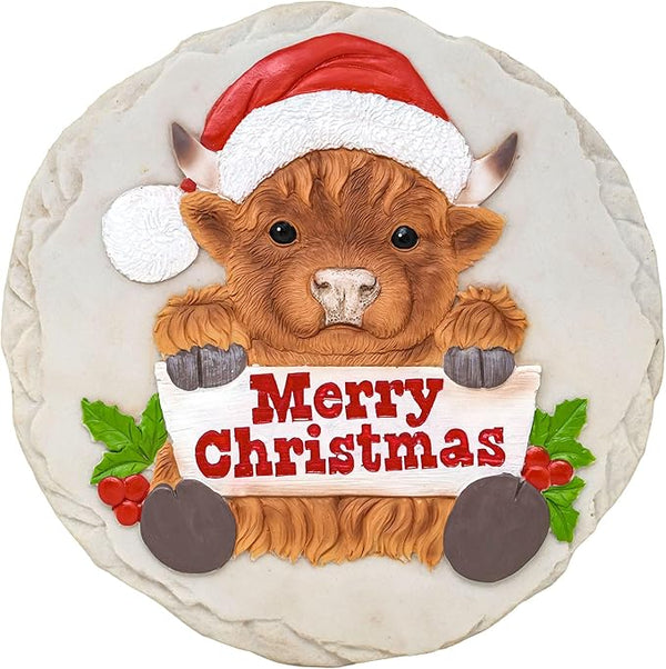 Spoontiques Highland Cow Christmas Stepping Stone - Decorative Garden Stone for Yard, Patio, Garden or Walkway - Outdoor or Indoor Home Decor