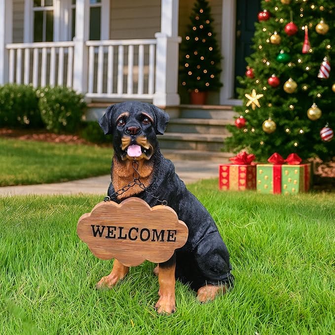 Rottweiler Front-Gate Sentinel with Solar Lantern & Double-Sided Sign, Sitting Black & Tan Statue for Drive, Portico, Lawn & Path