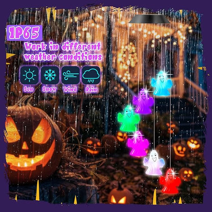 GlikCeil Halloween Solar Wind Chimes 27.5Inch Halloween Decorations Outside Waterproof Hanging LED for Yard, Porch, Patio, Party, Color Changing Eyeballs Ghost Lights(Ghost)