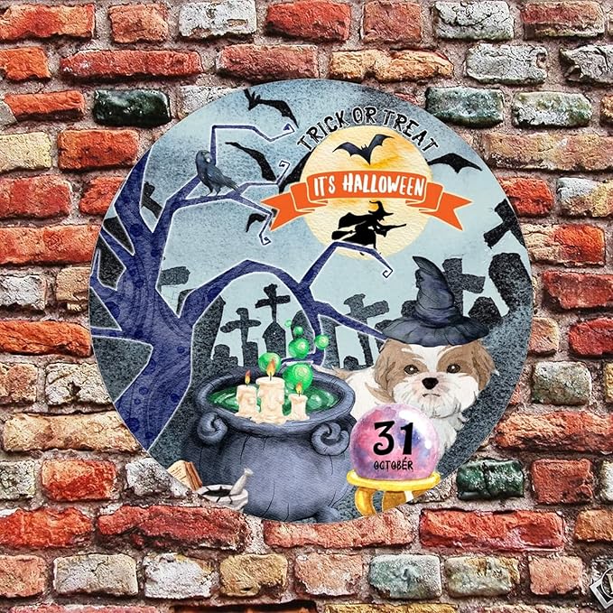 Retro Metal Sign 12"x12",Happy Halloween Scary Night Grave Witch Bats Trick Or Treat Dog Aluminum Tin Metal Sign for Home Living Room Bedroom Garden Farm Patio Decor Wall Art Poster