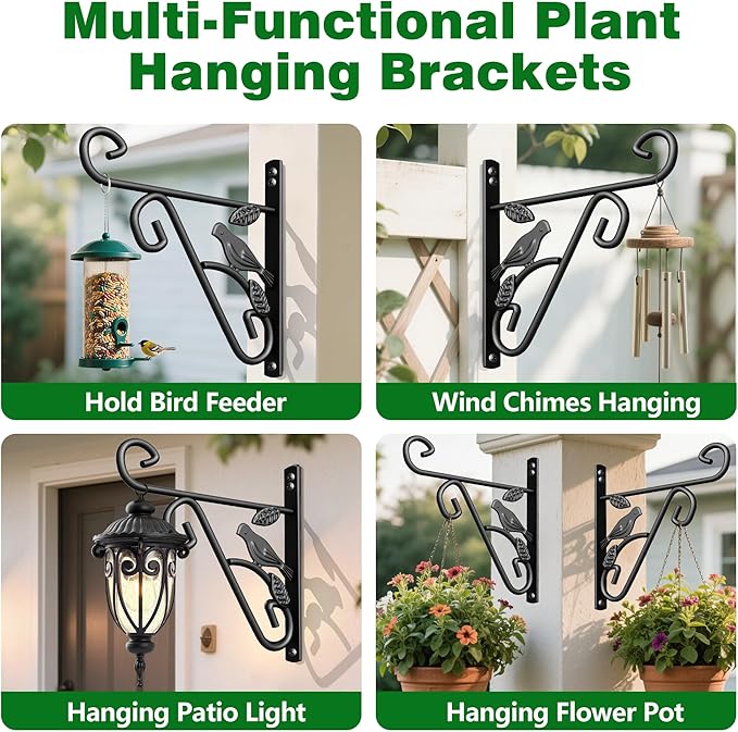 AMAGABELI GARDEN & HOME 4 Pack Hanging Plant Brackets Outdoor 10 inch Metal Fence Wall Plant Hanger Hooks for Hanging Flower Baskets Bird Feeders Lanterns Wind Chimes Rust-Resistant Black