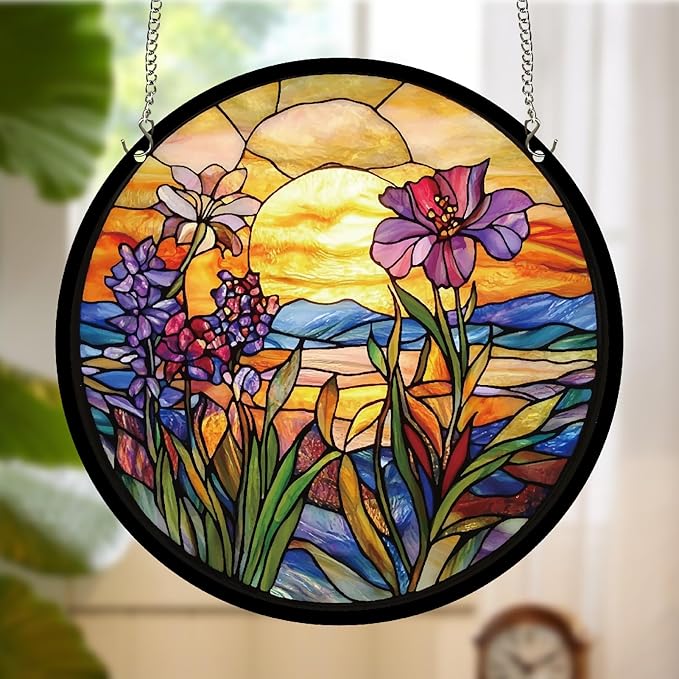 CREATCABIN Flower Window Suncatchers Acrylic Stain Glass Window Hanging 9.8 Inch Round Wildflowers Sun Catcher Panels with Metal Chain for Indoor Outdoor Home Garden Ornaments Christmas Decor