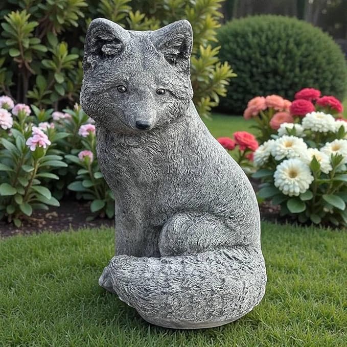 Sitting Fox Statue Garden Sculpture Painted Animal Figure Concrete Outdoor Decoration Yard Ornament Animals Lovers Gift Porch Fox Figurine Backyard Art