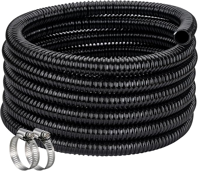 Pond Hose ID 1” × 50ft Black Corrugated Flexible Reinforced PVC Hose Vinyl Tubing for Pond Pump Fountain Garden Waterfall, Non-toxic & Kinkproof, with 2 clamps