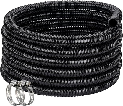 Pond Hose ID 1” × 50ft Black Corrugated Flexible Reinforced PVC Hose Vinyl Tubing for Pond Pump Fountain Garden Waterfall, Non-toxic & Kinkproof, with 2 clamps