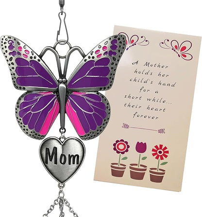 Butterfly Wind Chimes for Mother - Purple Butterfly Windchime with Engraved Mom Heart - Gift for Mom Mother’s Day Birthday Christmas - Spring Patio Garden Hanging Decor - 20 Inch Long