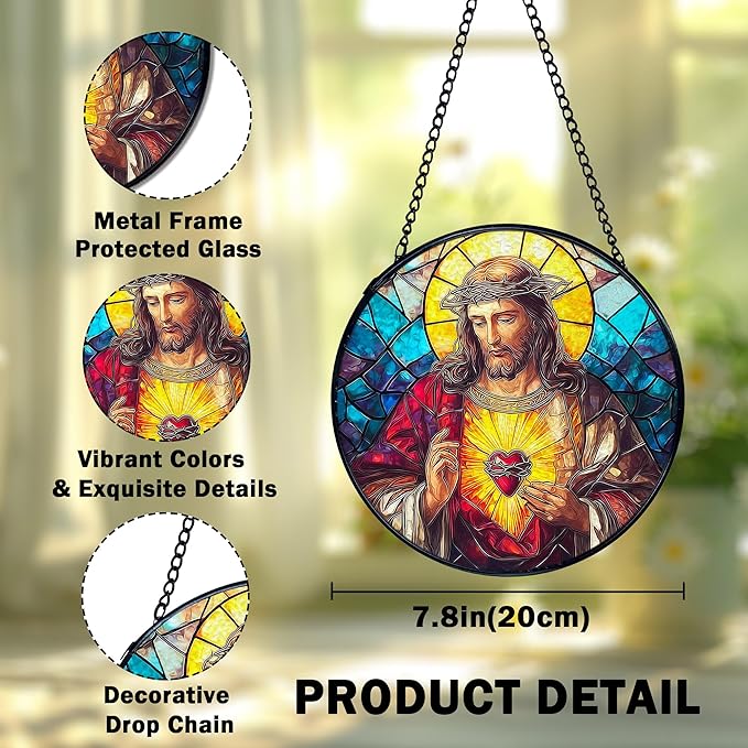 Easter Sacred Heart of Jesus Christian Gigts Suncatcher Stained Glass Window Hanging, Religious Sun Catchers Indoor Window Glass Wall Art Decor, Christian Wall Hanging Decor, 7.9x7.9 Inch