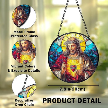 Easter Sacred Heart of Jesus Christian Gigts Suncatcher Stained Glass Window Hanging, Religious Sun Catchers Indoor Window Glass Wall Art Decor, Christian Wall Hanging Decor, 7.9x7.9 Inch