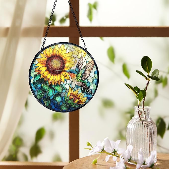 Hummingbird Sunflower Suncatchers Stained Glass Window Hanging, Hummingbird Flower Sun Catchers Indoor Window Glass Round Wall Decor, Bird Sunflower Wall Hanging Decorations, 7.9x7.9in